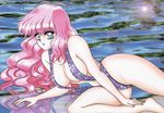  80s absurdres breasts candy_(art_book) highres large_breasts mon_mon official_art oldschool original pink_hair slingshot_swimsuit solo swimsuit water 