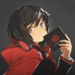  black_hair cape cd_case copyright_name cross frown grey_eyes headphones hood jong_tu ruby_rose rwby short_hair simple_background solo 