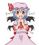  ascot bat_wings blue_hair fang flapping hat hat_ribbon looking_at_viewer mob_cap nogiguchi open_mouth puffy_sleeves red_eyes remilia_scarlet ribbon shirt short_sleeves simple_background skirt skirt_set smile solo touhou uu~ white_background wings 