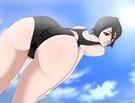  1girl ass beach bent_over black_hair bleach blue_sky cloud female from_below huge_ass kuchiki_rukia panties sky solo sun swimsuit underwear xbenhgx 