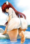  absurdres all_fours animal_ears artist_name ass barefoot bikini blue_eyes blush breasts feet highres large_breasts lens_flare long_hair looking_back mitarashi_kousei ocean original red_hair scan see-through shirt smile soles solo sparkle swimsuit tiger_ears toes wading water wet wet_clothes wet_shirt 