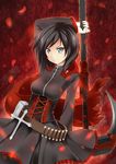  absurdres boots cape catstudioinc_(punepuni) crescent_rose cross highres pantyhose petals red_hair rose_petals ruby_rose rwby scythe short_hair skirt smile solo weapon 