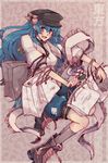  adapted_costume alternate_headwear bag baggy_pants blue_hair boots border character_doll contemporary highres hinanawi_tenshi mi-eau nagae_iku pants paper_bag puffy_short_sleeves puffy_sleeves short_sleeves simple_background touhou 