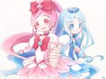  blue_choker blue_eyes blue_hair blue_skirt bow choker cure_blossom cure_marine dress eevee-moon hair_ornament hanasaki_tsubomi hands_clasped heart heartcatch_precure! highres interlocked_fingers kurumi_erika long_hair magical_girl multiple_girls open_mouth own_hands_together pink_bow pink_eyes pink_hair ponytail precure red_choker ribbon skirt smile twintails wrist_cuffs 