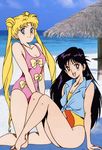 2girls 90s arm_support barefoot beach bishoujo_senshi_sailor_moon black_hair blonde_hair blue_eyes earrings hino_rei horizon jewelry kneeling long_hair looking_at_viewer multiple_girls ocean oldschool on_ground one-piece_swimsuit outdoors sand sitting sky smile swimsuit swimsuit_under_clothes tsukino_usagi twintails v_arms very_long_hair water 