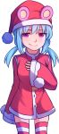  1girl blue_hair coat ears_through_headwear eyebrows_visible_through_hair eyes_visible_through_hair hand_on_own_chest hat highres long_hair long_sleeves looking_at_viewer low_twintails nixie_(rabi_ribi) pink_eyes rabi-ribi santa_costume santa_hat simple_background sleeves_past_wrists smile solo speckticuls striped striped_legwear thighhighs twintails white_background wide_sleeves 