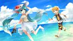  aqua_eyes aqua_hair arm_up barefoot belt blonde_hair bracelet cloud day dress hair_ornament hairclip hat hatsune_miku jewelry lily_(vocaloid) long_hair looking_back mashunyoro multiple_girls open_mouth outdoors outstretched_arm running sandals short_hair shorts sky sun_hat twintails very_long_hair vocaloid water 
