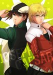  adjusting_clothes adjusting_hat apple_brk bad_id bad_pixiv_id barnaby_brooks_jr barnaby_brooks_jr_(cosplay) belt blonde_hair blue_eyes brown_hair cabbie_hat caesar_anthonio_zeppeli cosplay facial_mark glasses green_eyes hat jacket jojo_no_kimyou_na_bouken joseph_joestar_(young) kaburagi_t_kotetsu kaburagi_t_kotetsu_(cosplay) multiple_boys parody red_jacket studded_belt tiger_&amp;_bunny vest 