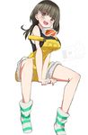  :d blush breasts brown_eyes brown_hair gatchaman_crowds goggles goggles_around_neck ichinose_hajime inaka_keikou medium_breasts off_shoulder open_mouth overalls simple_background sitting smile socks solo striped striped_legwear white_background 