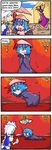  4koma blue_eyes blue_hair candle cape cloak comic commentary fangs finnish headwear_removed izayoi_sakuya maid maid_headdress multiple_girls parasol red_eyes remilia_scarlet setz touhou toyosatomimi_no_miko translated tripped tripping umbrella white_hair 