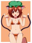  animal_ears bad_id bad_pixiv_id bikini brown_hair cat_ears cat_tail chen earrings fang haniwagi_(hal) hat jewelry looking_at_viewer multiple_tails one_eye_closed orange_bikini paw_pose red_eyes short_hair smile solo swimsuit tail touhou 