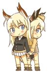  animal_ears back-to-back bird_tail blonde_hair blue_eyes blush chibi garrison_cap hanna-justina_marseille hat hatopoo_(beach7pijon) head_wings holding_hands long_hair military military_uniform multiple_girls raisa_pottgen short_hair smile strike_witches tail uniform world_witches_series 