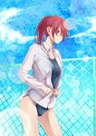  chain-link_fence competition_swimsuit dress_shirt fence free! highres kuroa_tomoaki long_hair looking_down matsuoka_gou one-piece_swimsuit ponytail red_eyes red_hair shirt swimsuit swimsuit_under_clothes unbuttoning white_shirt 