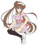  bare_shoulders black_legwear blue_eyes breasts brown_hair cleavage double_bun headdress kishimen long_hair looking_at_viewer medium_breasts mei_(pokemon) pink_skirt platform_footwear pokemon pokemon_(game) pokemon_bw2 sidelocks skirt smile solo thighhighs twintails very_long_hair 