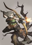  aiming arrow belt black_eyes boots bow_(weapon) braid cloak dragon's_crown drawing_bow elf elf_(dragon's_crown) fire flame gloves grey_background holding holding_arrow holding_bow_(weapon) holding_weapon hood outstretched_arm pointy_ears quiver saitou_masatsugu shorts simple_background solo thigh_boots thighhighs tree twin_braids weapon 