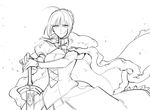  ahoge artoria_pendragon_(all) cape dress fate/stay_night fate_(series) fur_trim greyscale hands_on_hilt juliet_sleeves lineart long_sleeves monochrome planted_sword planted_weapon puffy_sleeves saber solo sword weapon xplete 