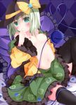  argyle argyle_background bad_id bad_pixiv_id black_legwear blush bow breasts eyeball floral_print flower green_eyes green_hair hand_to_own_mouth hat hat_bow heart heart_of_string komeiji_koishi mogu_(au1127) navel nipples no_bra off_shoulder on_bed open_clothes open_mouth open_shirt petals pillow rose shirt short_hair skirt small_breasts solo thighhighs third_eye touhou 