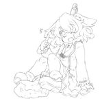  animal_ears bad_id bad_pixiv_id bamboo_broom between_legs broom dress greyscale kasodani_kyouko lineart looking_at_viewer monochrome musical_note one_eye_closed open_mouth sitting solo takamura touhou 