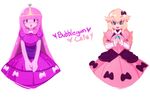  adventure_time blonde_hair blue_eyes blush_stickers bow breasts crossover crown detached_sleeves dress eyelashes gown hair_bow long_hair mario_(series) medium_breasts multiple_girls no_legs pink_dress pink_hair pink_skin princess princess_bonnibel_bubblegum princess_peach sho-n-d sidelocks super_mario_bros. v_arms very_long_hair 