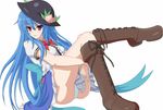  :p bad_id bad_pixiv_id blue_hair boots cross-laced_footwear food fruit hat hinanawi_tenshi lace-up_boots long_hair looking_at_viewer panties peach red_eyes shiseki_hirame simple_background solo tongue tongue_out touhou underwear white_background white_panties 