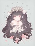  bare_shoulders black_hair blood bonnet breasts celestia_ludenberck cleavage copyright_name danganronpa danganronpa_1 gothic_lolita ibashi_roni lolita_fashion long_hair md5_mismatch medium_breasts red_eyes simple_background smile solo target twintails 