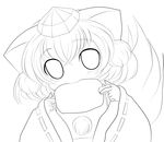  :3 absurdres animal_ears boned_meat eating food greyscale hat highres inubashiri_momiji lineart meat monochrome solo tail tokin_hat touhou upper_body wide_sleeves wolf_ears wolf_tail yume_shokunin 
