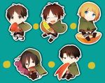  3boys apple apple_bunny armin_arlert bad_id bad_pixiv_id belt black_eyes black_hair blonde_hair blue_eyes boots brown_hair cape chibi closed_eyes eating eren_yeager food fruit glasses grapes hange_zoe heiwa_(murasiho) jacket kiwifruit levi_(shingeki_no_kyojin) mikasa_ackerman multiple_boys multiple_girls open_mouth orange outline paradis_military_uniform ponytail scarf shingeki_no_kyojin short_hair simple_background strawberry thigh_strap 