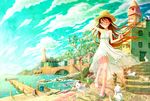  ^_^ brown_hair cat closed_eyes dress hat legs long_hair original pavelnedved11 pier shoes sky smile solo too_many too_many_cats tree water 