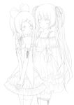  greyscale hatsune_miku highres kagamine_rin lineart long_hair looking_at_viewer m-goldfish monochrome multiple_girls ribbon short_hair thighhighs twintails vocaloid 