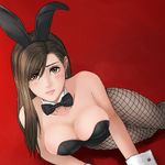  animal_ears bare_shoulders blush bow bowtie breasts brown_eyes brown_hair bunny_ears bunnysuit cleavage detached_collar earrings fake_animal_ears final_fantasy final_fantasy_vii fishnet_pantyhose fishnets hair_over_one_eye jewelry large_breasts lips long_hair looking_at_viewer lying pantyhose solo tifa_lockhart uncertaintys wrist_cuffs 