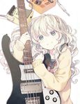  bass_guitar blonde_hair cable curly_hair effects_pedal from_above green_eyes holding instrument long_hair looking_at_viewer lying on_back original plug revision rickenbacker school_uniform serafuku simple_background smile solo sweater taguchi_shouichi white_background white_hair 