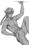  caesar_anthonio_zeppeli facial_mark feathers greyscale hair_feathers headband jojo_no_kimyou_na_bouken kurenai_karasu male_focus monochrome shirtless solo 