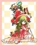  animal_ears bug butterfly colorized dress flower frills glasses green_eyes green_hair hat insect long_hair looking_at_viewer original rose sitting solo witch_hat yume_shokunin 