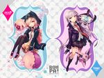  bag boots braid crossover danganronpa danganronpa_1 espeon forked_tail gen_2_pokemon gen_5_pokemon gloves hood hoodie jacket kirigiri_kyouko lampent lavender_hair multiple_girls munna musharna nanami_chiaki necktie one_eye_closed pink_eyes pink_hair pokemon pokemon_(creature) purple_eyes ribbon skirt smoke super_danganronpa_2 tail thighhighs welchino 