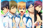  black_hair blonde_hair blue_eyes blue_hair bottle brown_hair free! glasses green_eyes grin hazuki_nagisa jacket kl male_focus matsuoka_rin multiple_boys nanase_haruka_(free!) open_clothes open_jacket open_mouth purple_hair red_eyes ryuugazaki_rei smile tachibana_makoto water wet 