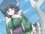  animal_ears blue_eyes blue_hair blush breasts head_fins japanese_clothes large_breasts mermaid monster_girl obi ry sash short_hair solo touhou wakasagihime 