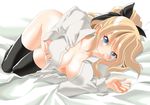  blonde_hair blue_eyes blush breast_hold breasts cleavage katawa_shoujo large_breasts naked_shirt no_panties on_bed open_clothes open_shirt ponytail raynart satou_lilly shirt solo thighhighs 