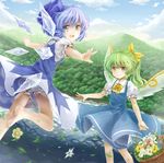  af-henrytz barefoot basket bloomers blue_dress blue_eyes blue_hair blue_sky bow cirno cloud daiyousei day dress fairy_wings flower flying_sweatdrops forest green_eyes green_hair hair_bow highres ice ice_wings lake looking_at_viewer looking_back mountain multiple_girls nature open_mouth outstretched_arms puffy_sleeves shirt short_sleeves side_ponytail sky smile touhou underwear wings 