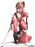  1girl belt bikini black_eyes boots breasts chaps cow_girl cowboy_hat cowgirl falcoon food fringe glasses gloves hat large_breasts long_hair meat original pink_hair samurai solo swimsuit sword very_long_hair weapon western wide_hips 