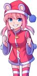  1girl blue_eyes clenched_hands coat eyebrows_visible_through_hair eyes_visible_through_hair grin hair_between_eyes hat highres long_hair long_sleeves looking_at_viewer low_twintails nieve_(rabi_ribi) pink_hair pom_pom_(clothes) rabi-ribi santa_costume santa_hat simple_background smile solo speckticuls striped striped_legwear teeth thighhighs twintails v-shaped_eyebrows white_background wide_sleeves 