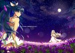  akihiro bad_id bad_pixiv_id black_hair blue_eyes field flower ganaha_hibiki grey_hair idolmaster idolmaster_(classic) long_hair looking_back multiple_girls ponytail ribbon shijou_takane star text_focus translated 