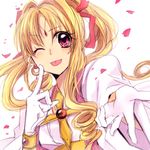 :p blonde_hair blush cross earrings gloves jewelry kaitou_jeanne kamikaze_kaitou_jeanne kusakabe_maron long_hair one_eye_closed outstretched_hand petals pink_eyes pocky1202 ponytail solo tongue tongue_out white_gloves 