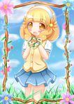  blonde_hair cardigan_vest cloud day dress flower flower_bracelet grass hair_flower hair_ornament hairband highres kise_yayoi nanairogaoka_middle_school_uniform open_mouth precure school_uniform short_hair short_sleeves sky smile smile_precure! solo sweater_vest vest white_hairband yellow_eyes zenon_(for_achieve) 