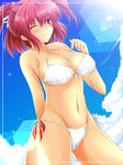  alternate_costume bikini blue_sky blush breasts cleavage cloud collarbone day frame front-tie_top hair_bobbles hair_ornament highres large_breasts lens_flare looking_at_viewer navel nekominase one_eye_closed onozuka_komachi red_eyes red_hair short_hair side-tie_bikini sky smile solo strap_pull sweat swimsuit touhou two_side_up underboob white_bikini 