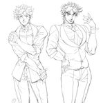  bow bowtie caesar_anthonio_zeppeli facial_mark fingerless_gloves formal gloves greyscale jojo_no_kimyou_na_bouken joseph_joestar_(young) lineart monochrome multiple_boys necktie sgyqanna suit 