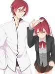  1girl bad_id bad_pixiv_id blush brother_and_sister free! highres long_hair matsuoka_gou matsuoka_rin natsuko_(mtmt1121) petting ponytail red_eyes red_hair school_uniform siblings skirt smile 