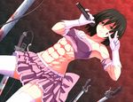  abs empty_eyes gloves idol microphone midriff mikasa_ackerman muscle muscular_female shingeki_no_kyojin solo sword thighhighs tsukumo v weapon white_legwear 