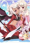  blush bridal_gauntlets chloe_von_einzbern dark_skin fate/kaleid_liner_prisma_illya fate_(series) feathers hair_feathers hug illyasviel_von_einzbern kaleidostick long_hair magical_girl midriff multiple_girls nora-toro open_mouth prisma_illya purple_eyes red_eyes silver_hair smile staff sword tears weapon white_hair yuri 