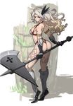  amazon_(dragon's_crown) armlet armor ass axe bikini_armor blonde_hair blue_eyes boots breasts circlet dragon's_crown feathers gloves greaves halberd long_hair looking_at_viewer looking_back medium_breasts muscle muscular_female polearm saitou_masatsugu solo weapon 