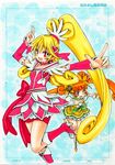  :d aida_mana bike_shorts blonde_hair boots bow calligraphy_pen_(medium) cure_heart cure_rosetta dokidoki!_precure hair_ornament half_updo heart heart_hair_ornament high_heels highres marker_(medium) millipen_(medium) multiple_girls open_mouth orange_eyes orange_hair outstretched_arm pink_bow pink_eyes pink_footwear pink_sleeves pointing ponytail precure rodeorodeo shoes smile traditional_media twintails yotsuba_alice 